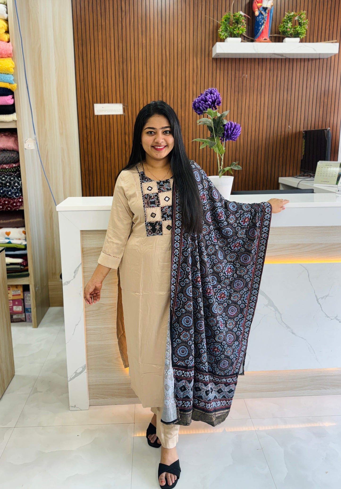 Premium Modal Silk three piece set Beige & Black Combo A1669