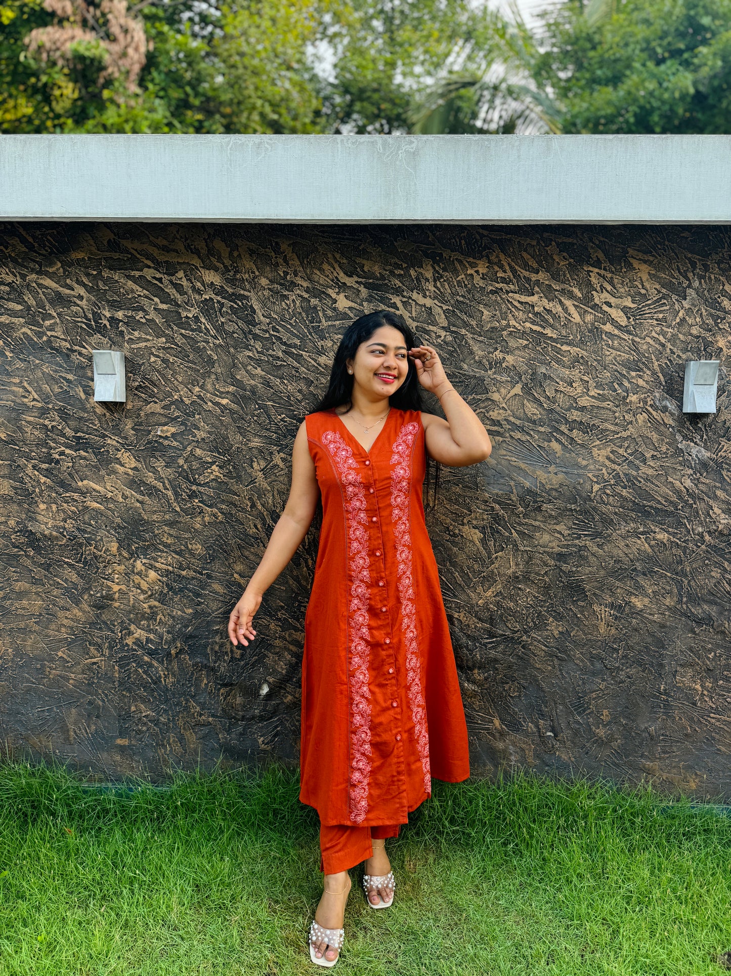 Khadi Cotton Cord Set – Brick Red & Sky Blue- A1386