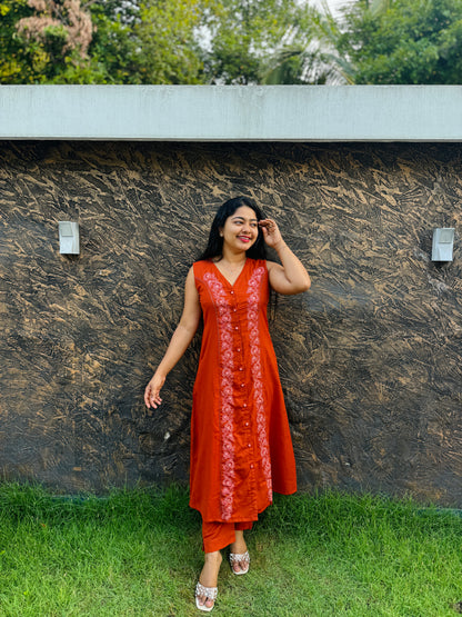 Khadi Cotton Cord Set – Brick Red & Sky Blue- A1386