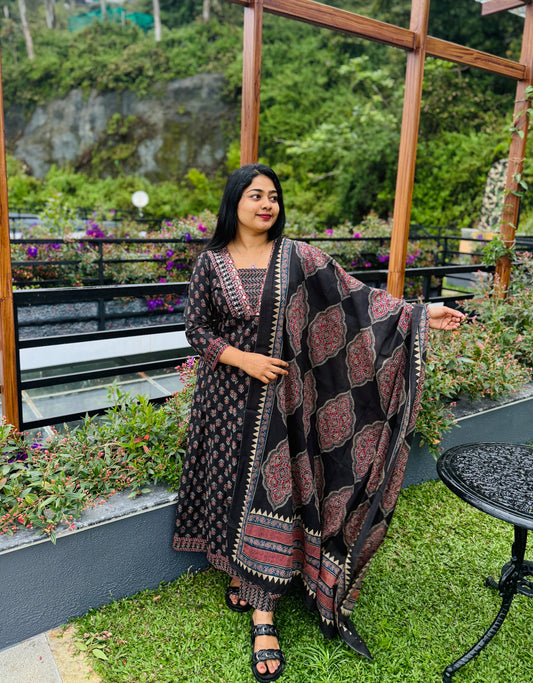 Black with floral print Cotton Anarkali 3 piece Salwar Set A- 1568