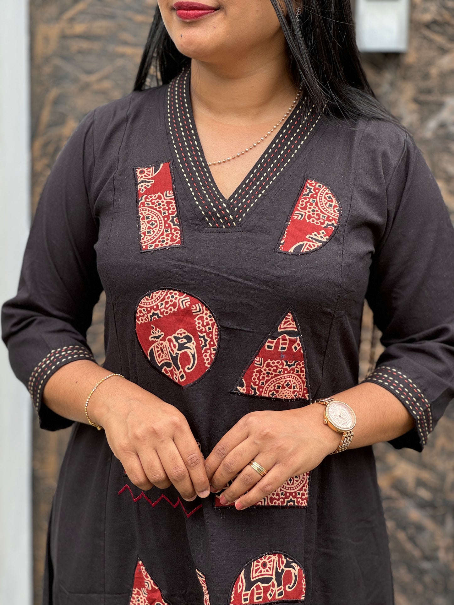 Black Khadi Cotton Cord Set with Ajrak Detailing