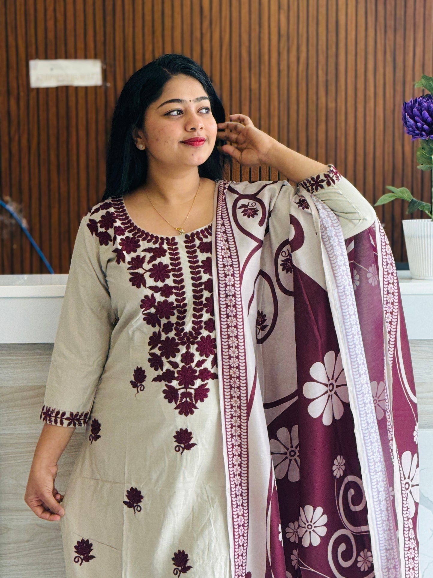 Beige & Wine Combo Chikankari 3ps set A1936