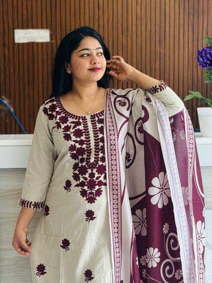 Beige & Wine Combo Chikankari 3ps set A1936