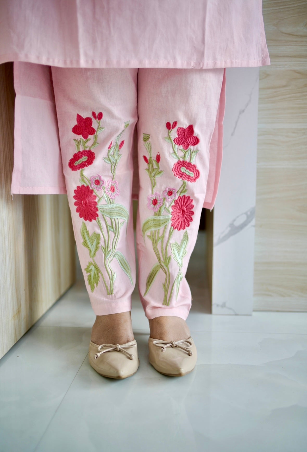 Off white & baby pink Cotton Co-ord Set A1606