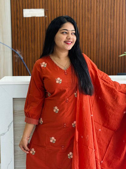 Brick Red-shade beautiful mul cotton 3-piece salwar set A1921