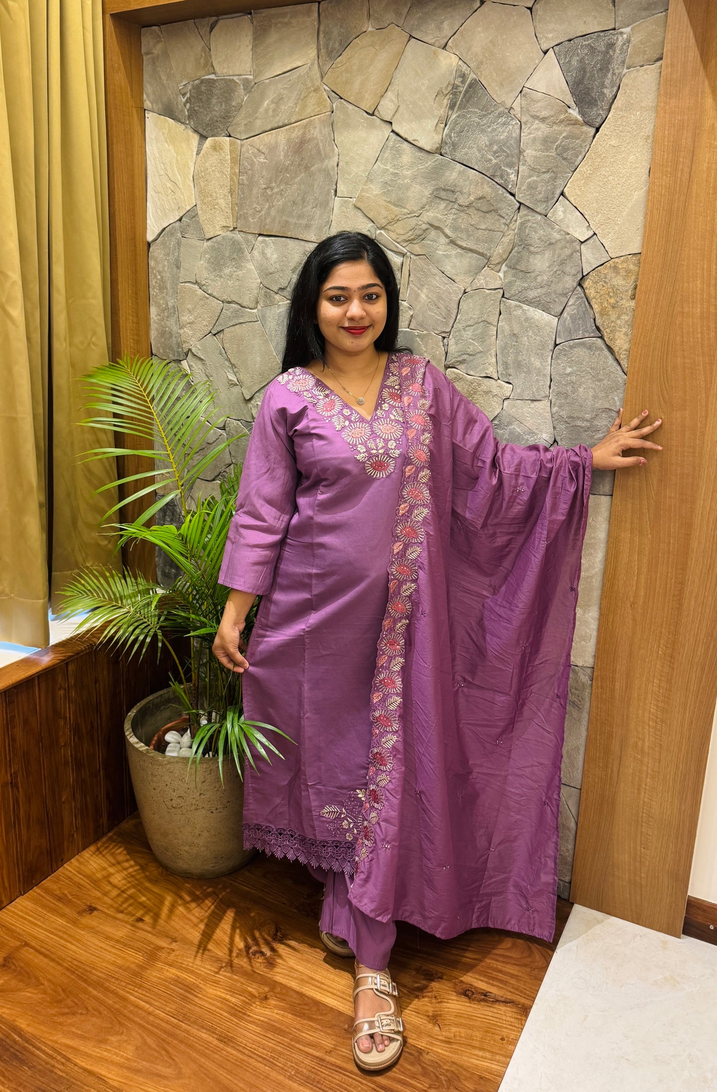 Purple & Green Chanderi Silk 3-Piece Set A1943