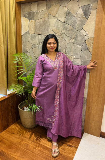 Purple & Green Chanderi Silk 3-Piece Set A1943