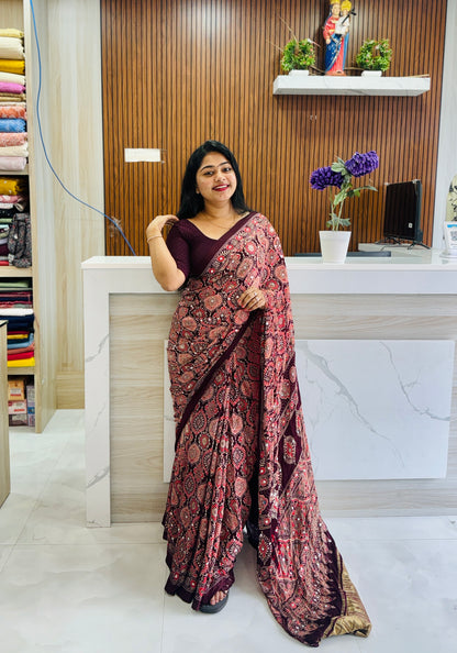 Premium Maroon Ajrak Mirror Work Saree♥️ A1924