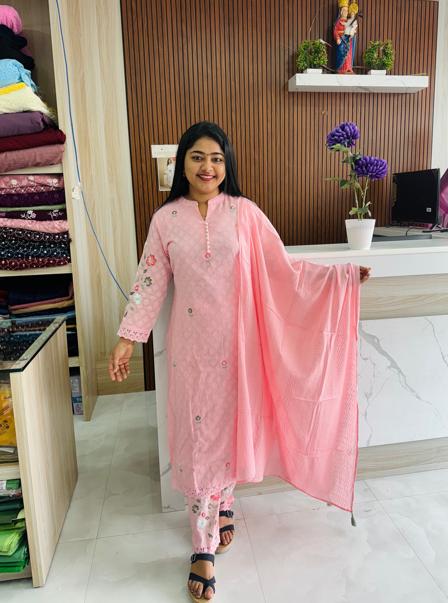 Premium Mul Cotton Three-Piece Set – Pink Blossom A1707