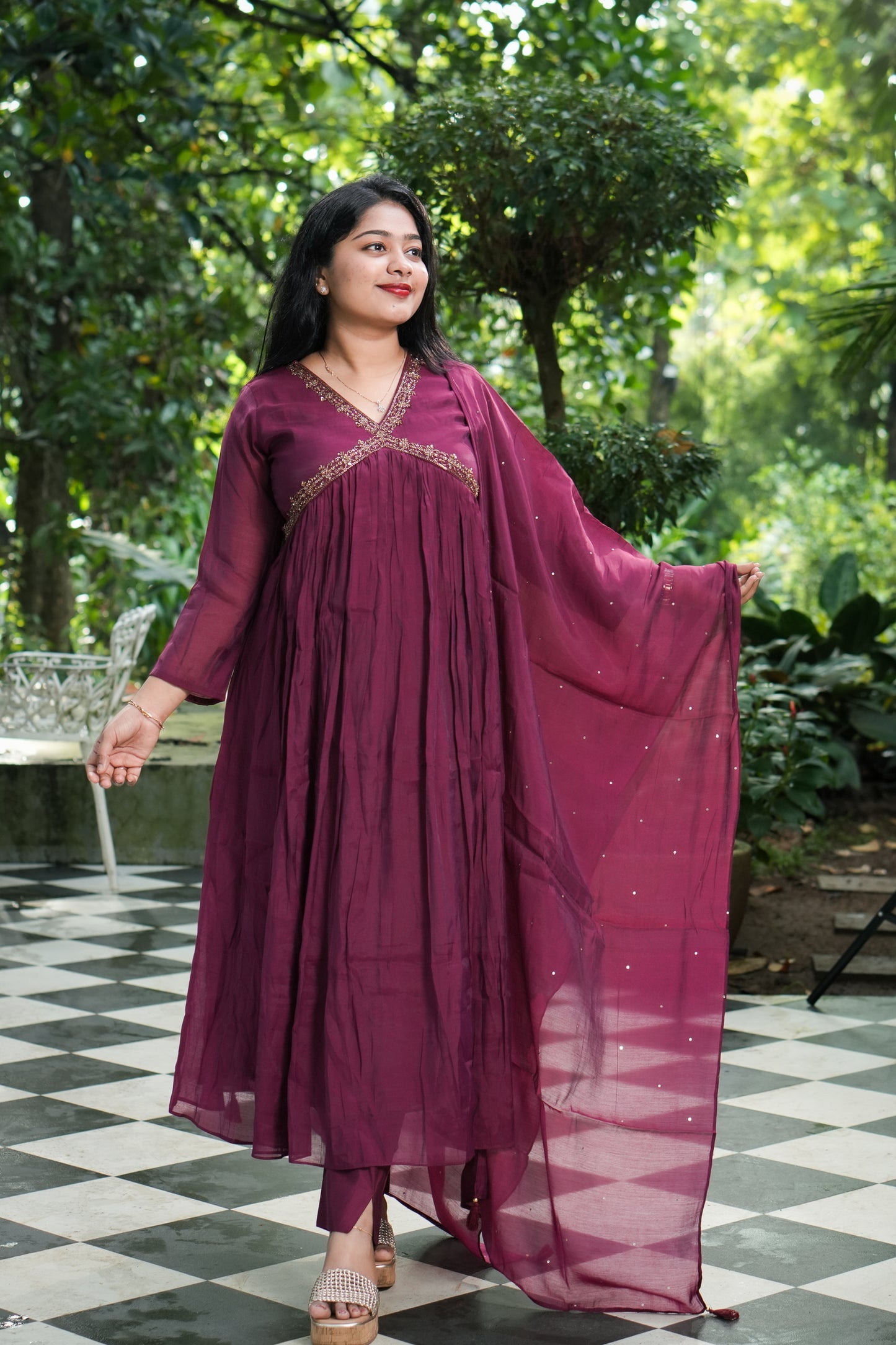 Wine & Brick Orange Chanderi Silk Set A1971
