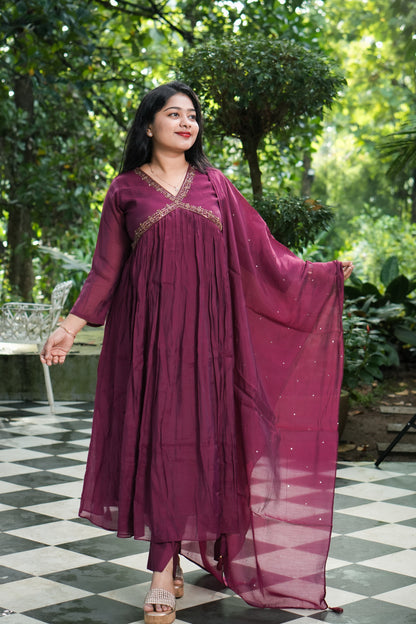 Wine & Brick Orange Chanderi Silk Set A1971