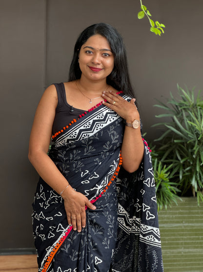 Black Soft Cotton Saree-A1345