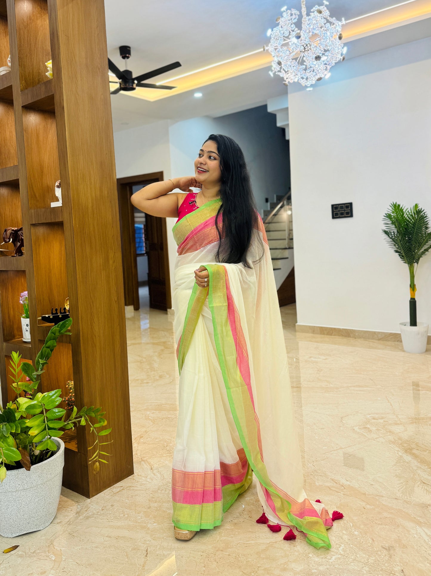 Onam Elegance in Mulcotton Saree ( Green & Pink ) A1949