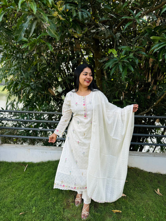 Premium Mul Mul Cotton 3 Piece (Offwhite & Yellow )