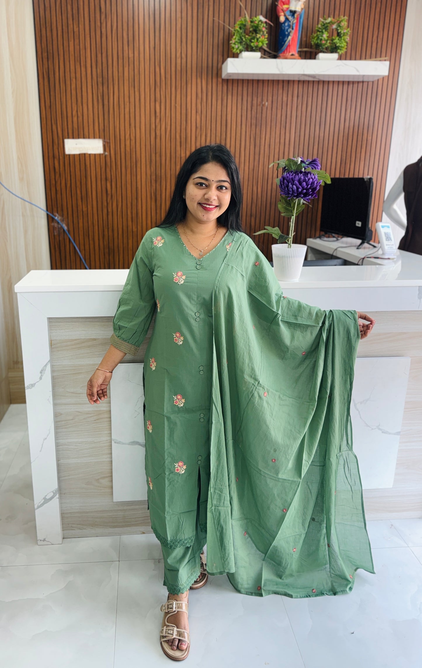 Sage green shade beautiful mul cotton 3-piece salwar set A1918