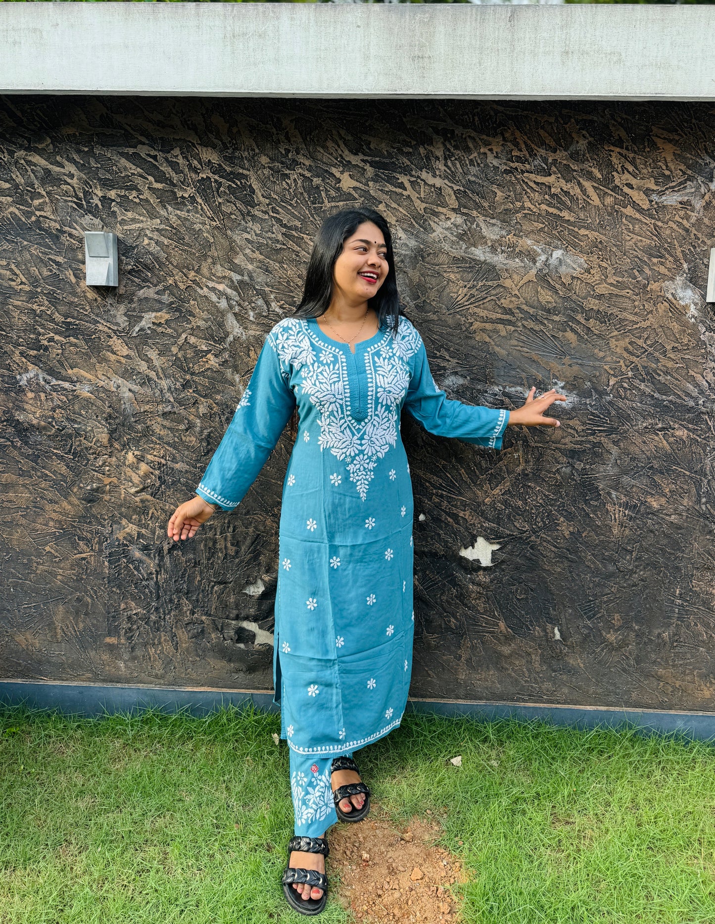 Skyblue & Wine Chikankari Cordset