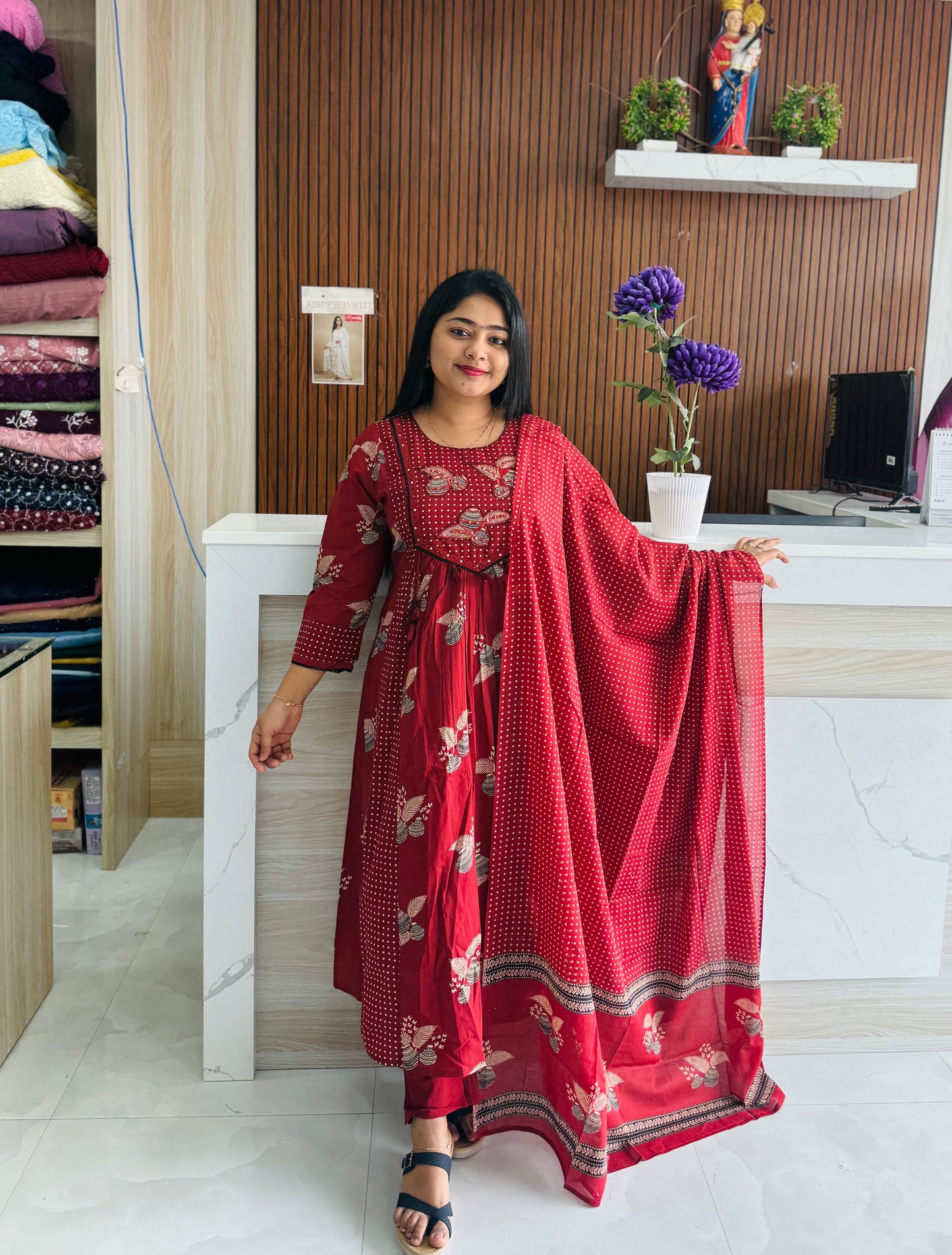 Maroon with floral print Cotton Anarkali 3 piece Salwar Set A1718