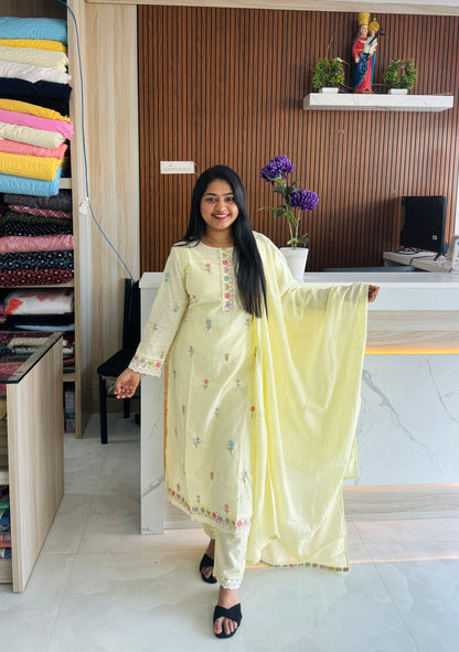 Premium Mul Mul Cotton 3 Piece ( Mint Green & Yellow ) A1662