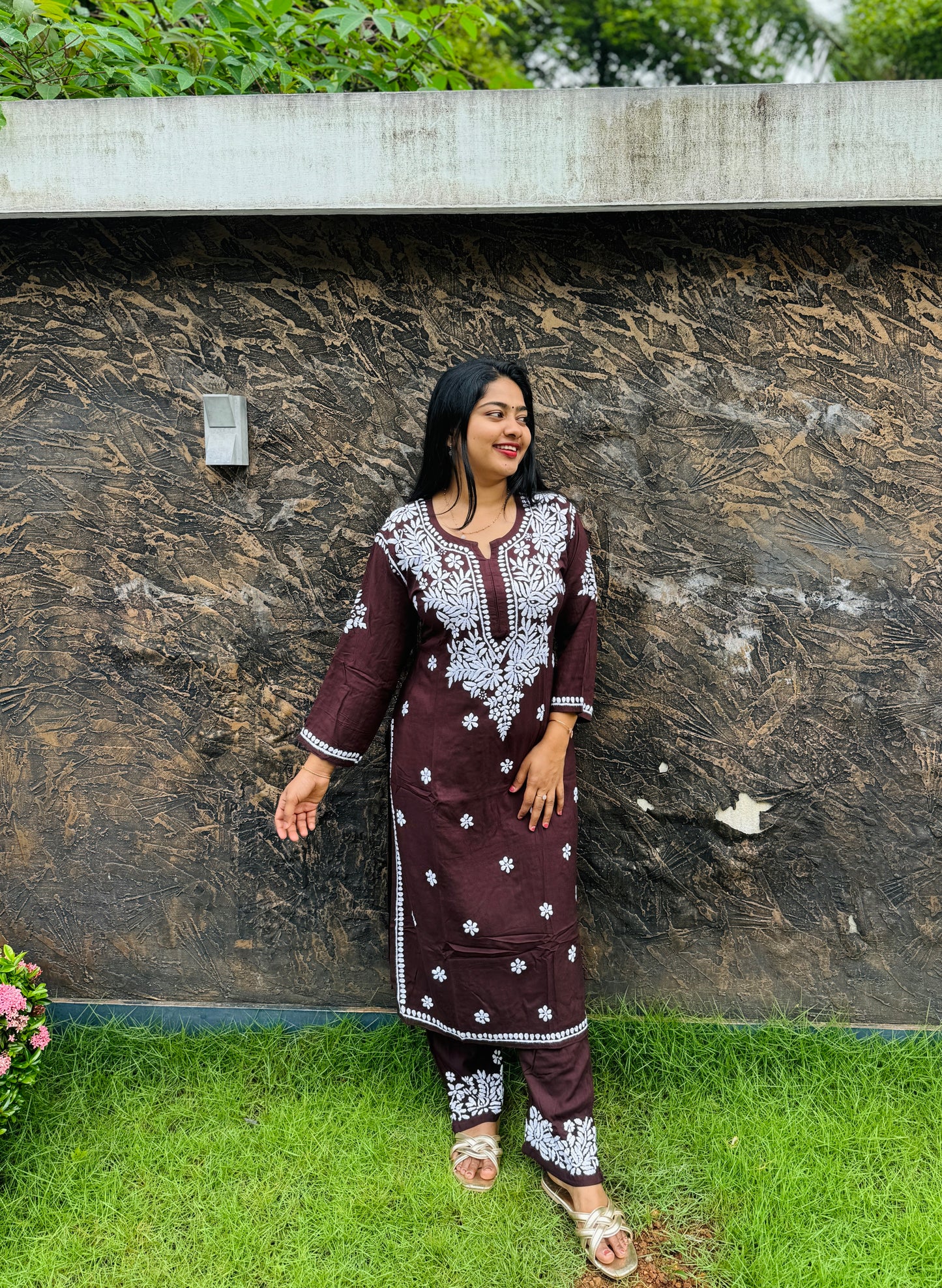 Red & Brown Chikankari Cordset