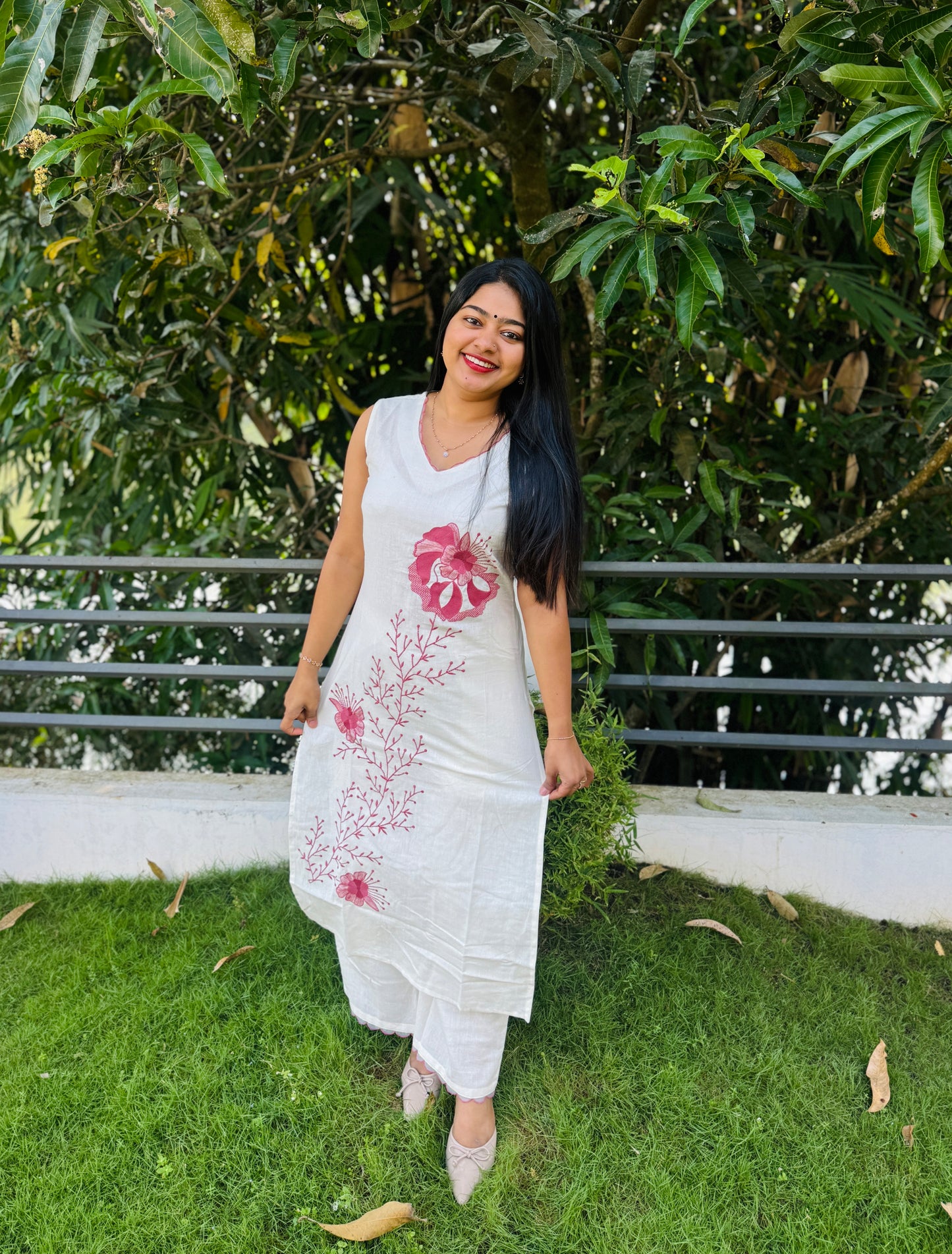 Elegant White Cordset with Pink  Embroidery A1627