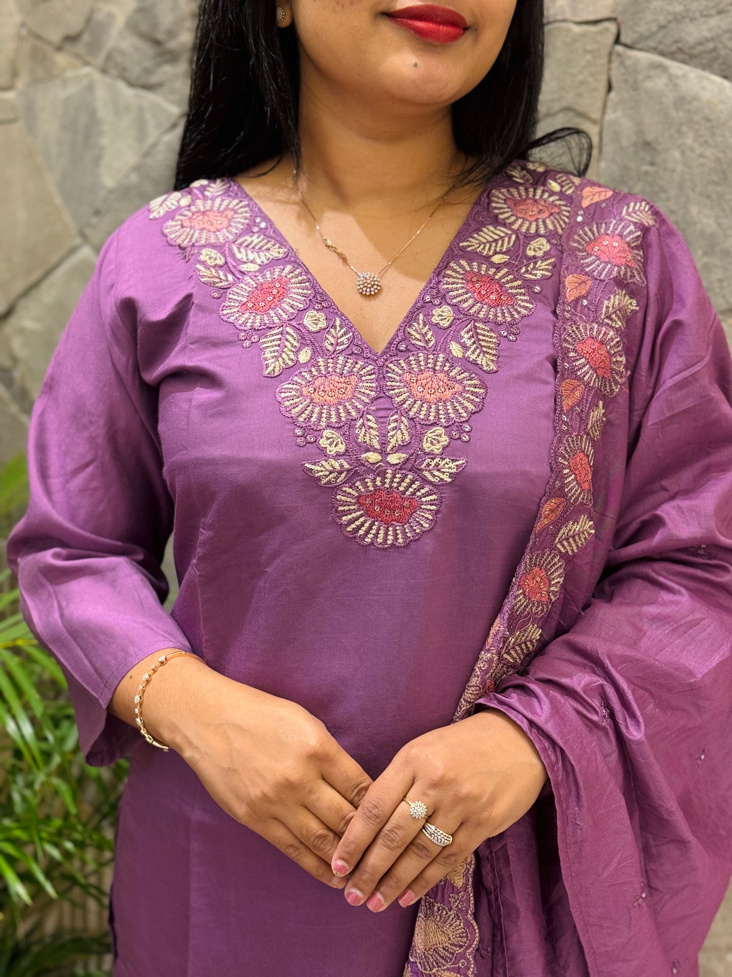 Purple & Green Chanderi Silk 3-Piece Set A1943