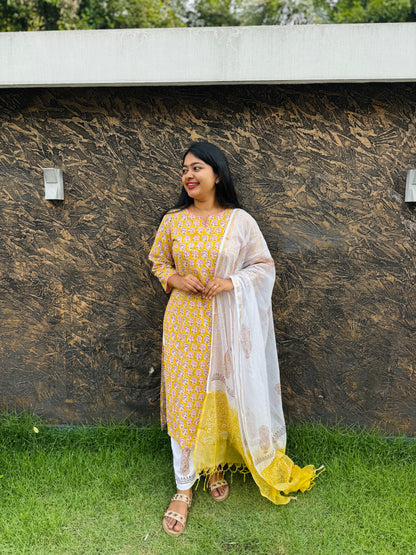 Cotton Handblock 3-Piece Salwar Set – Yellow & White - A1375