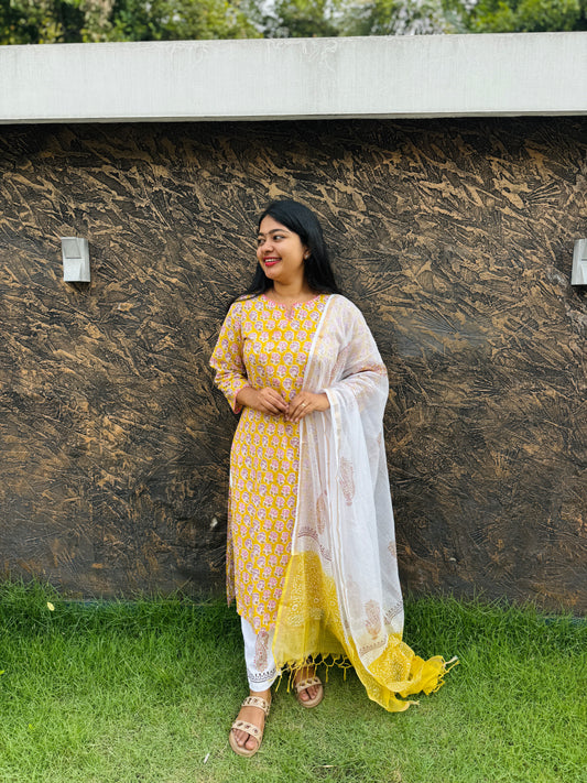 Cotton Handblock 3-Piece Salwar Set – Yellow & White - A1375