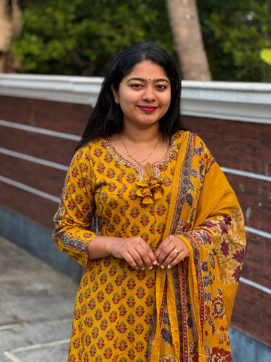 Classic Mustard Yellow Anarkali 3 piece Pure Cotton Salwar Set - A1333