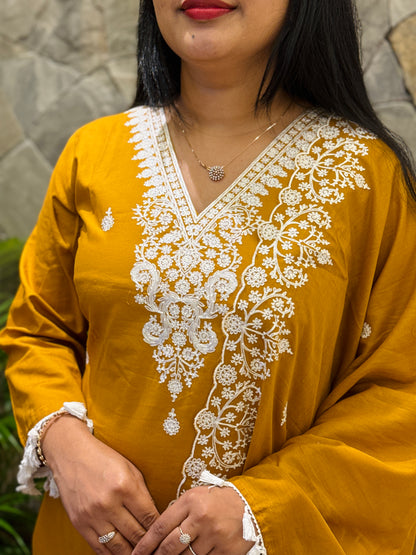 Mustard Yellow with Golden Tone 
Premium 3-Piece Chanderi Silk Set A1965