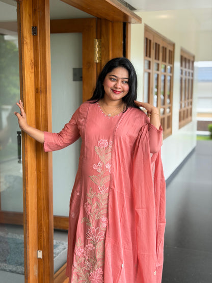 Peach Mul Cotton Embroidered 3-Piece Set A2043