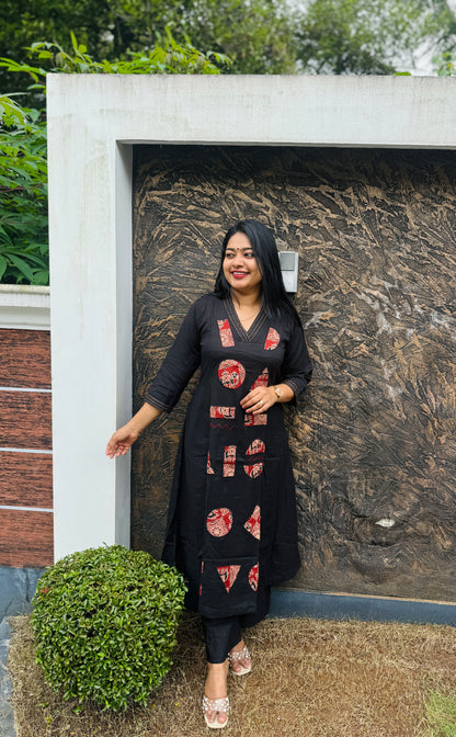 Black Khadi Cotton Cord Set with Ajrak Detailing