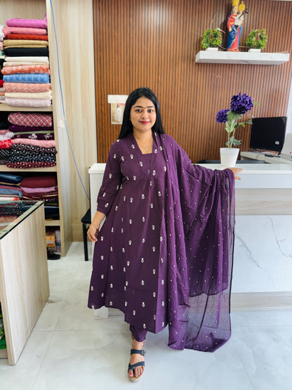 Elegant Purple Cotton Suit Set (M–3XL) A1735