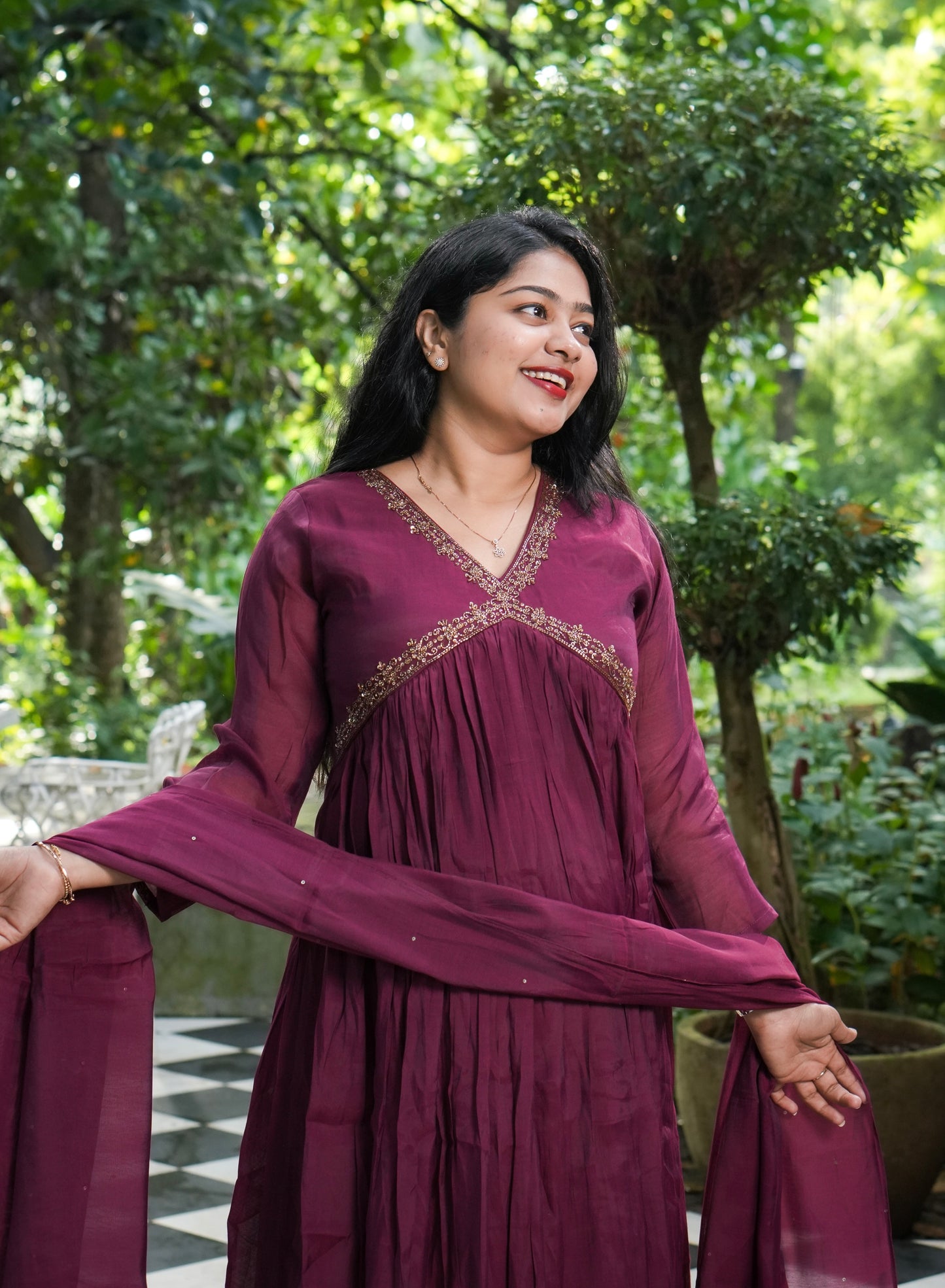 Wine & Brick Orange Chanderi Silk Set A1971
