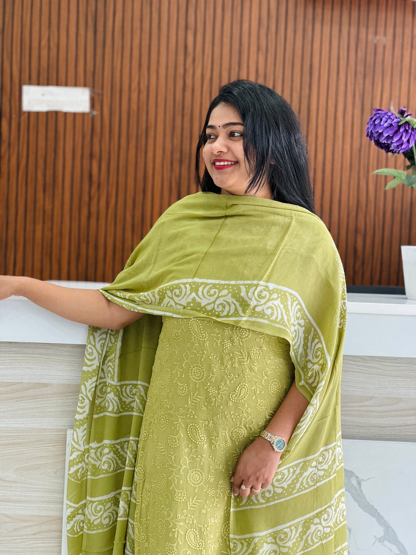 Batik Print | Embroidery Georgette Fabric | Premium Unstitched Churidar Material A1758