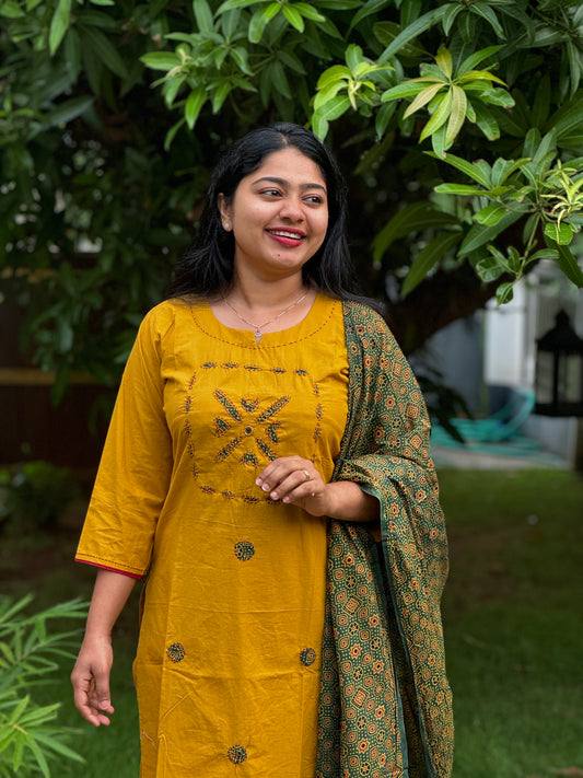 Golden Radiance: Pure Cotton Yellow Salwar with Green Ajrakk Dupatta- A1368