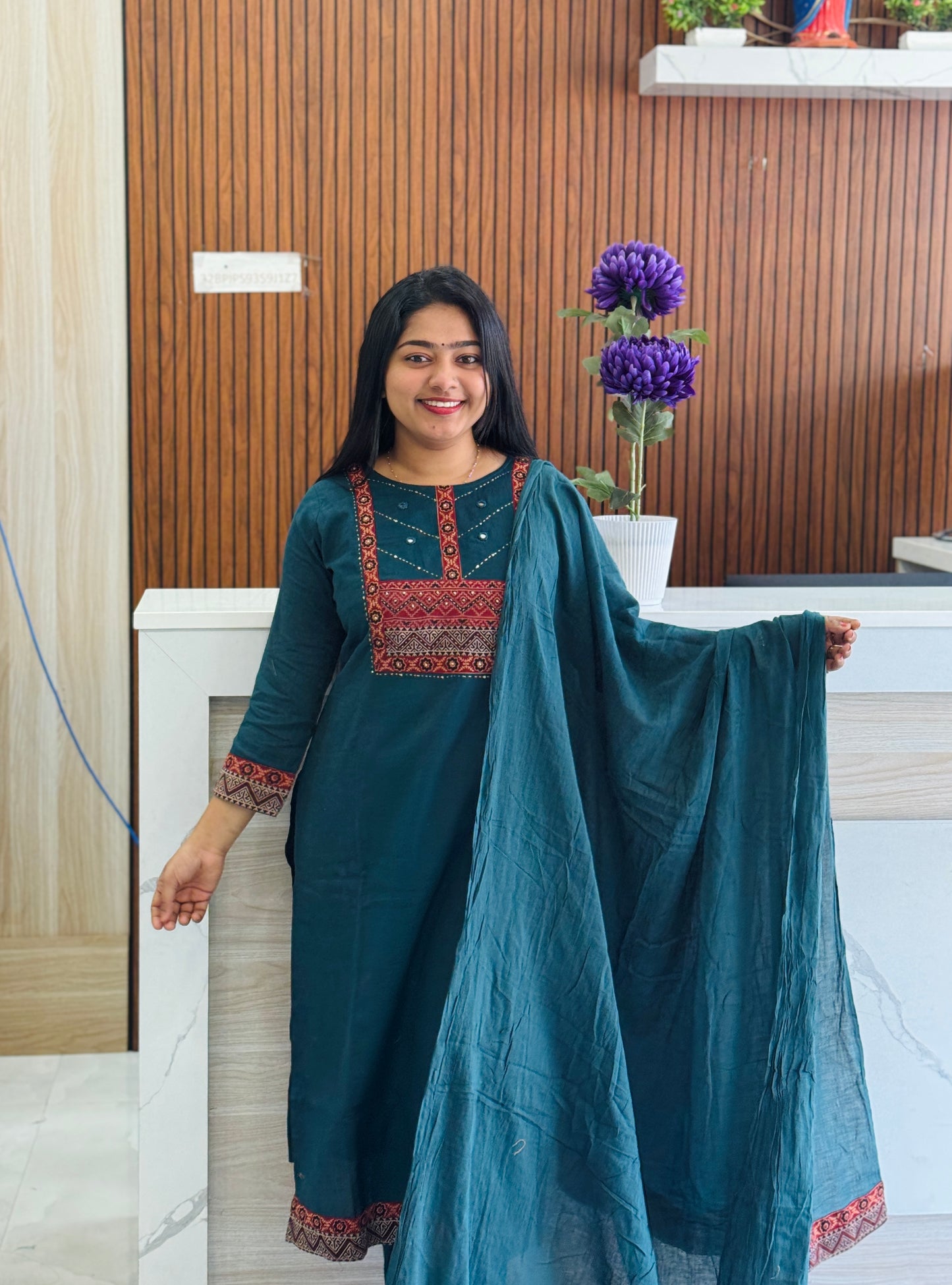 Teal Blue Cotton Set with Ajrak Patch Work A1664