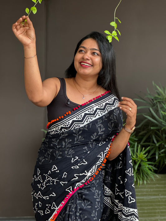 Black Soft Cotton Saree-A1345