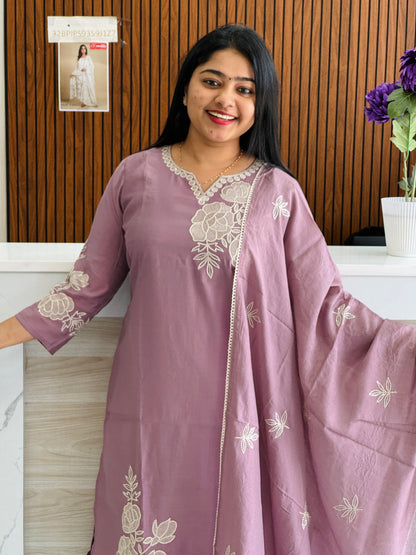 Lavender  3-piece set in premium Chanderi silk  A1727