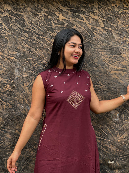 Cotton Sleeveless Cordset Brick Red & Wine 3/4 Sleev Attached - A- 1496