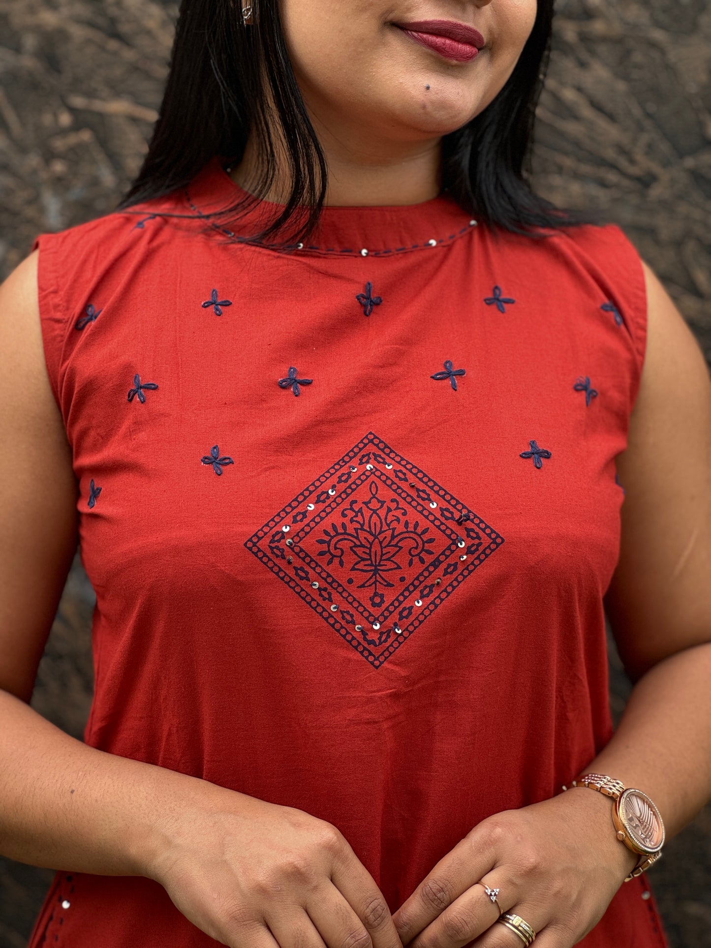 Cotton Sleeveless Cordset Brick Red & Wine 3/4 Sleev Attached - A- 1496