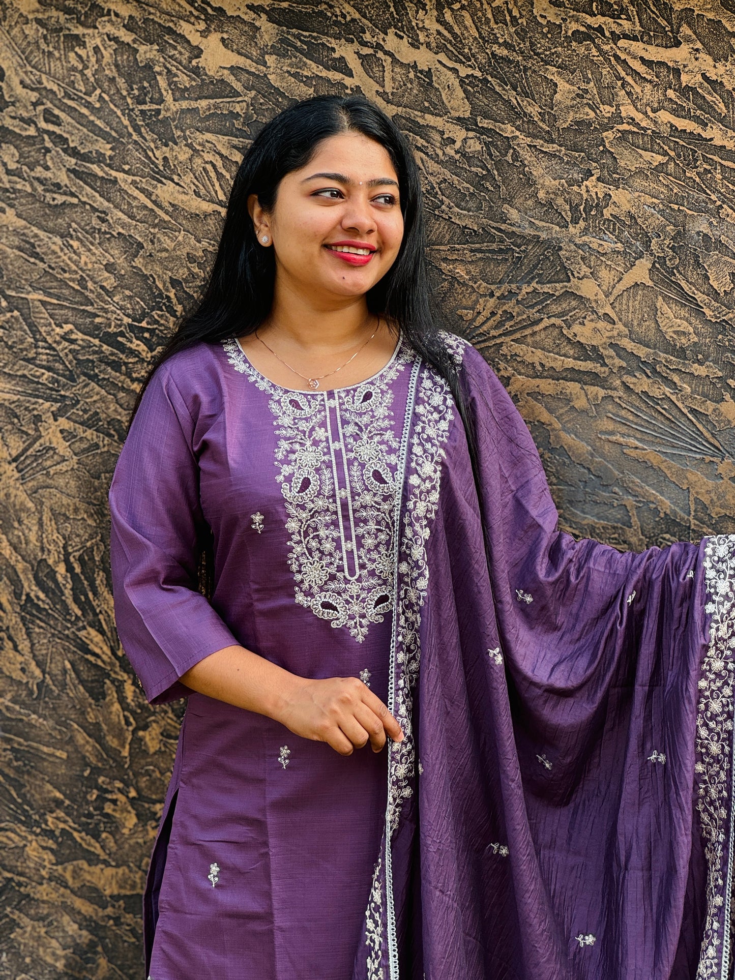 Handcrafted Soft Silk Salwar Set in Lavender & Olive Green - A1364