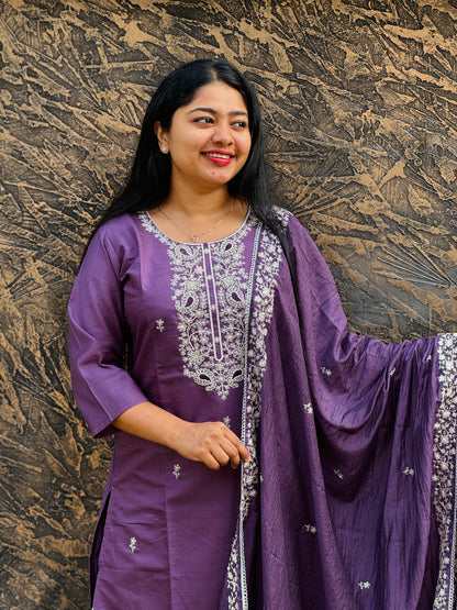 Handcrafted Soft Silk Salwar Set in Lavender & Olive Green - A1364