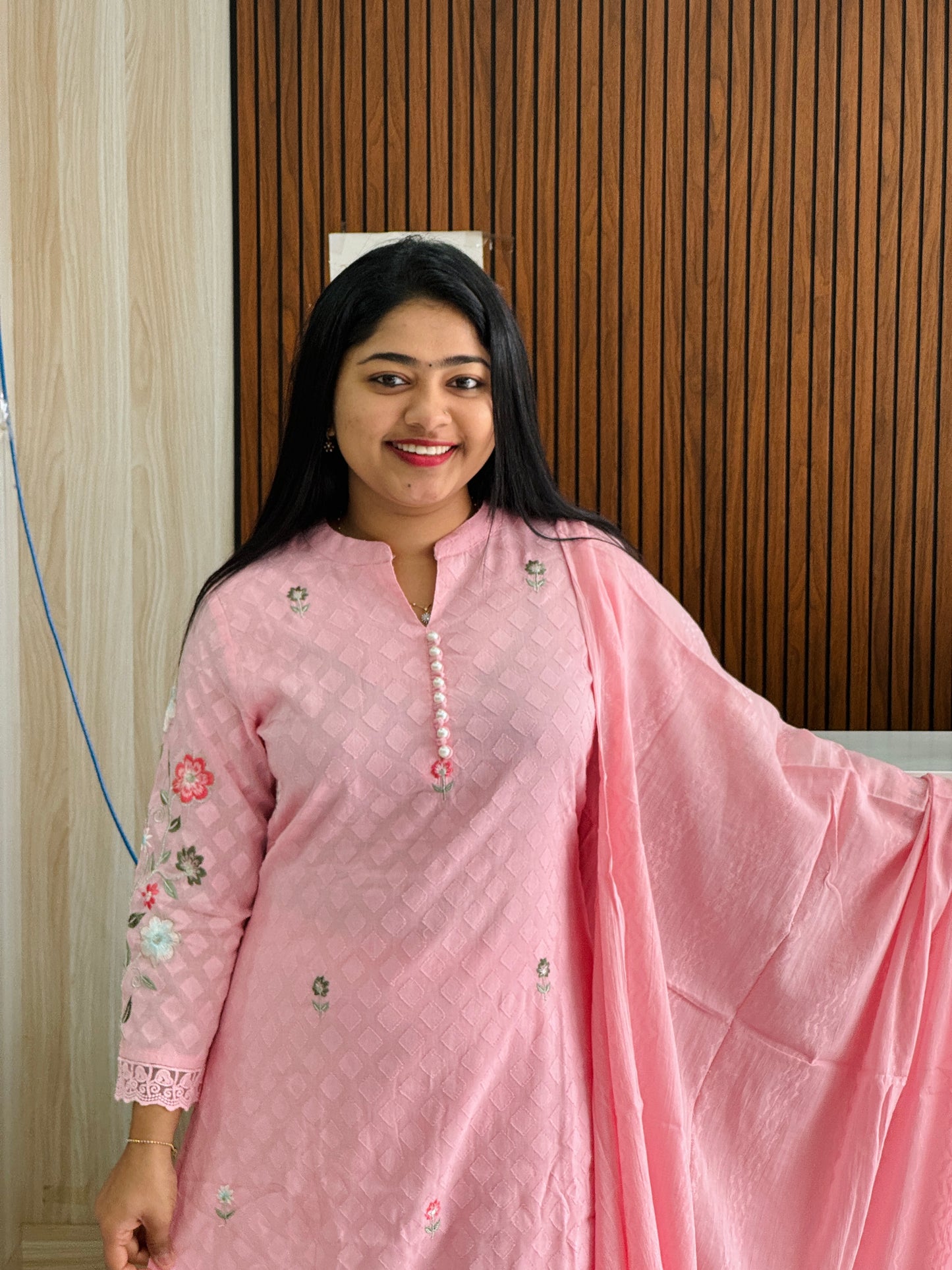 Premium Mul Cotton Three-Piece Set – Pink Blossom A1707