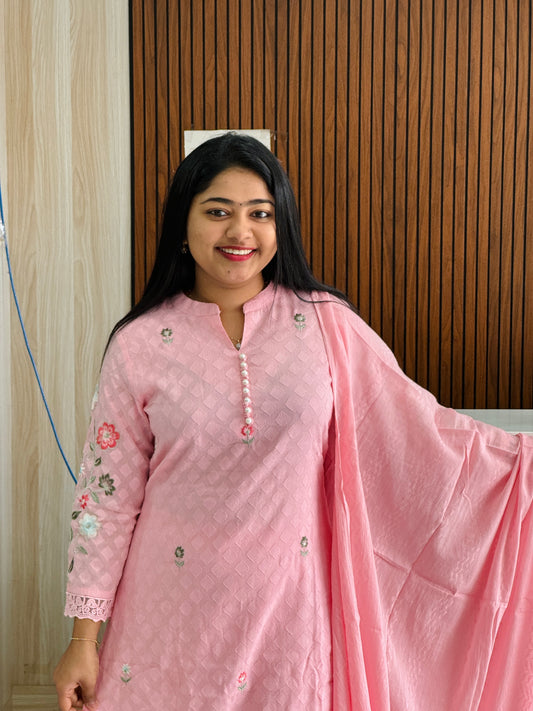 Premium Mul Cotton Three-Piece Set – Pink Blossom A1707