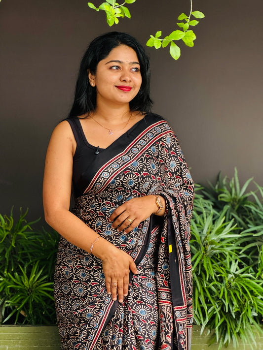 Black Beauty: Premium Ajrak Dollar Silk Saree - A1367