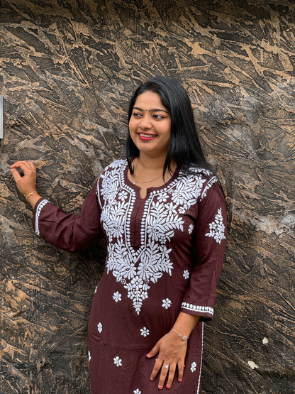 Red & Brown Chikankari Cordset