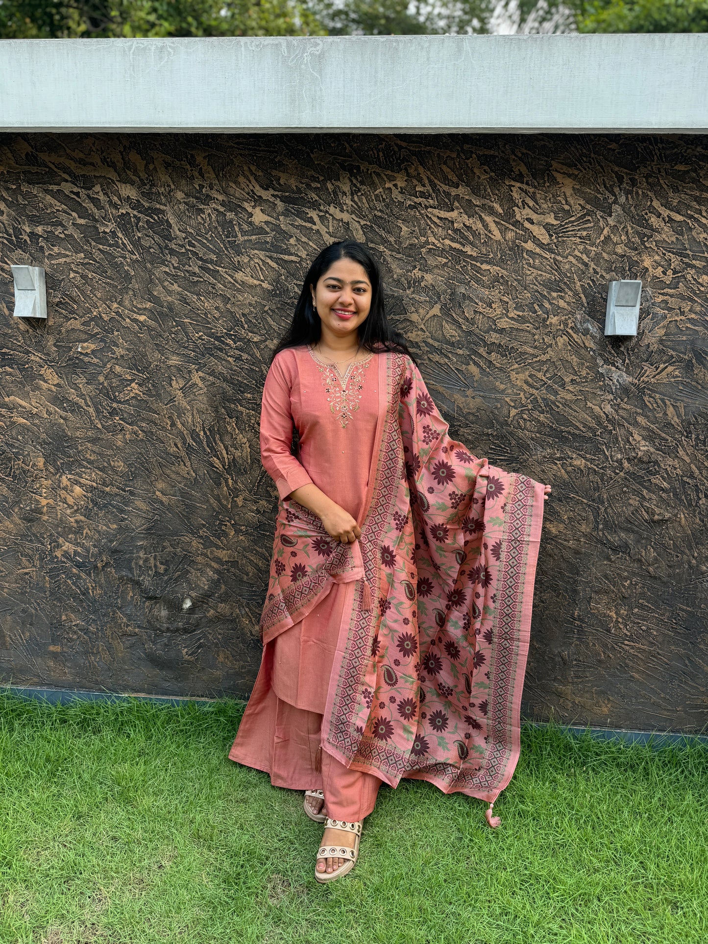Royal Jute cotton -3 Piece Salwar Suit with intricate thread work and Chanderi Silk Duppatta -A1340