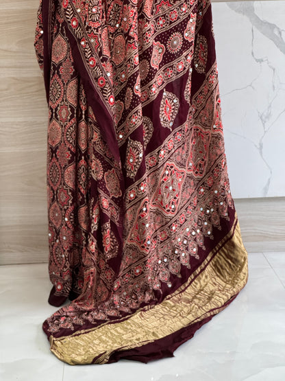 Premium Maroon Ajrak Mirror Work Saree♥️ A1924
