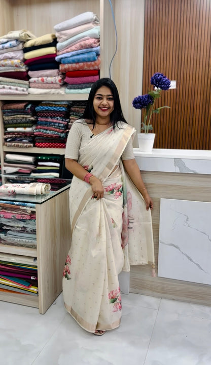 Lotus Printed Onam Saree