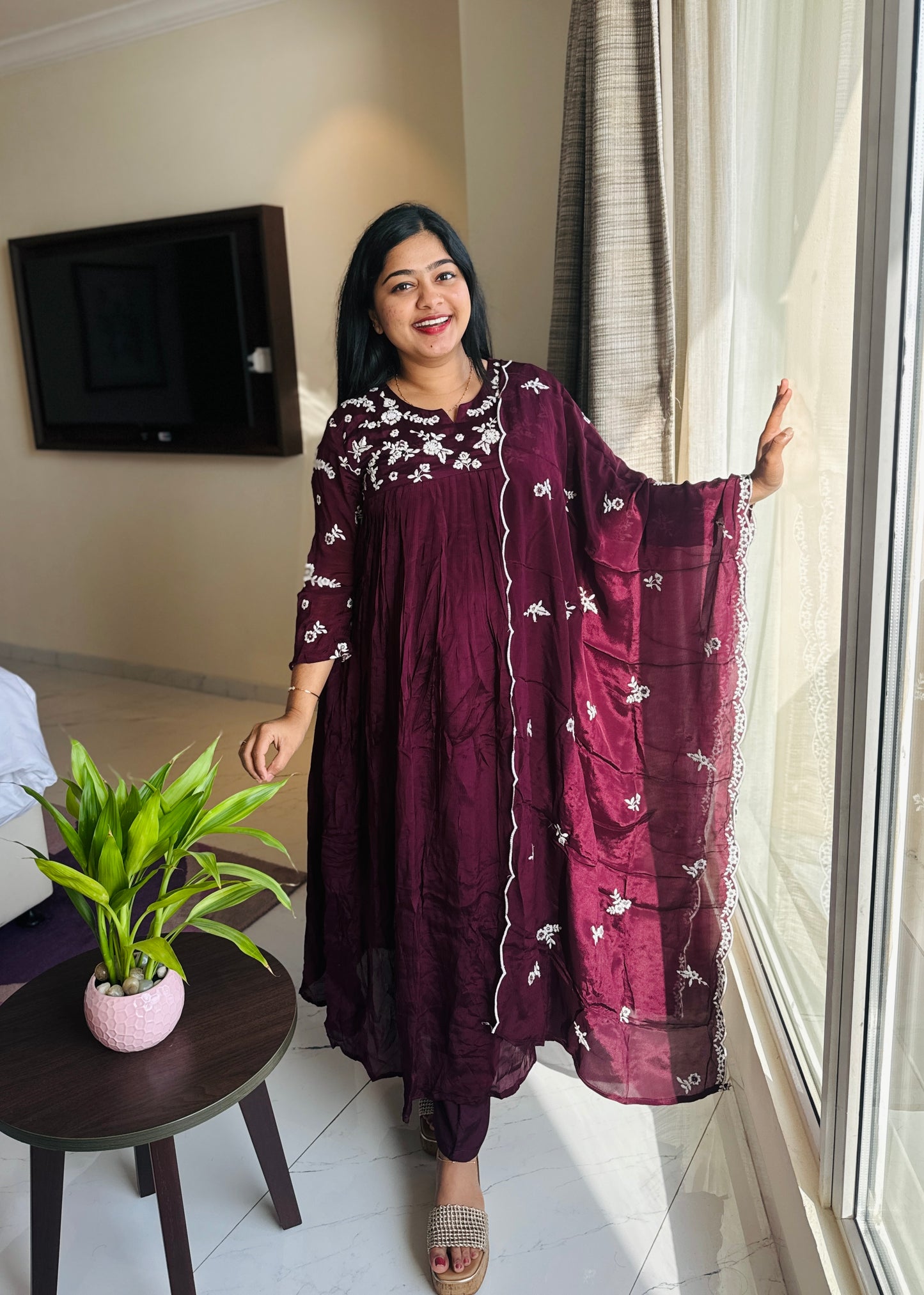 Elegant Wine Chanderi Party Wear Set A2010